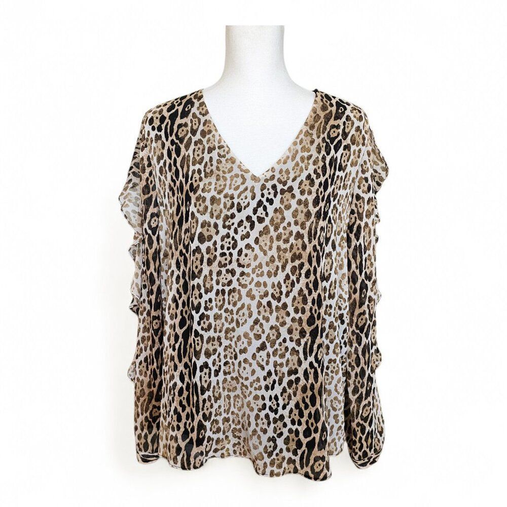 Calvin Klein Women's Leopard Print Ruffle Sleeve Blouse Size L - Picture 2 of 14